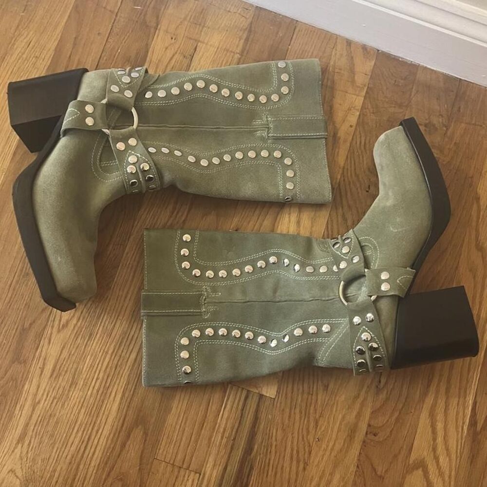 Jeffrey Campbell Juvenile-S Olive Green Suede Studded Western Boots Size 11 - Picture 2 of 8